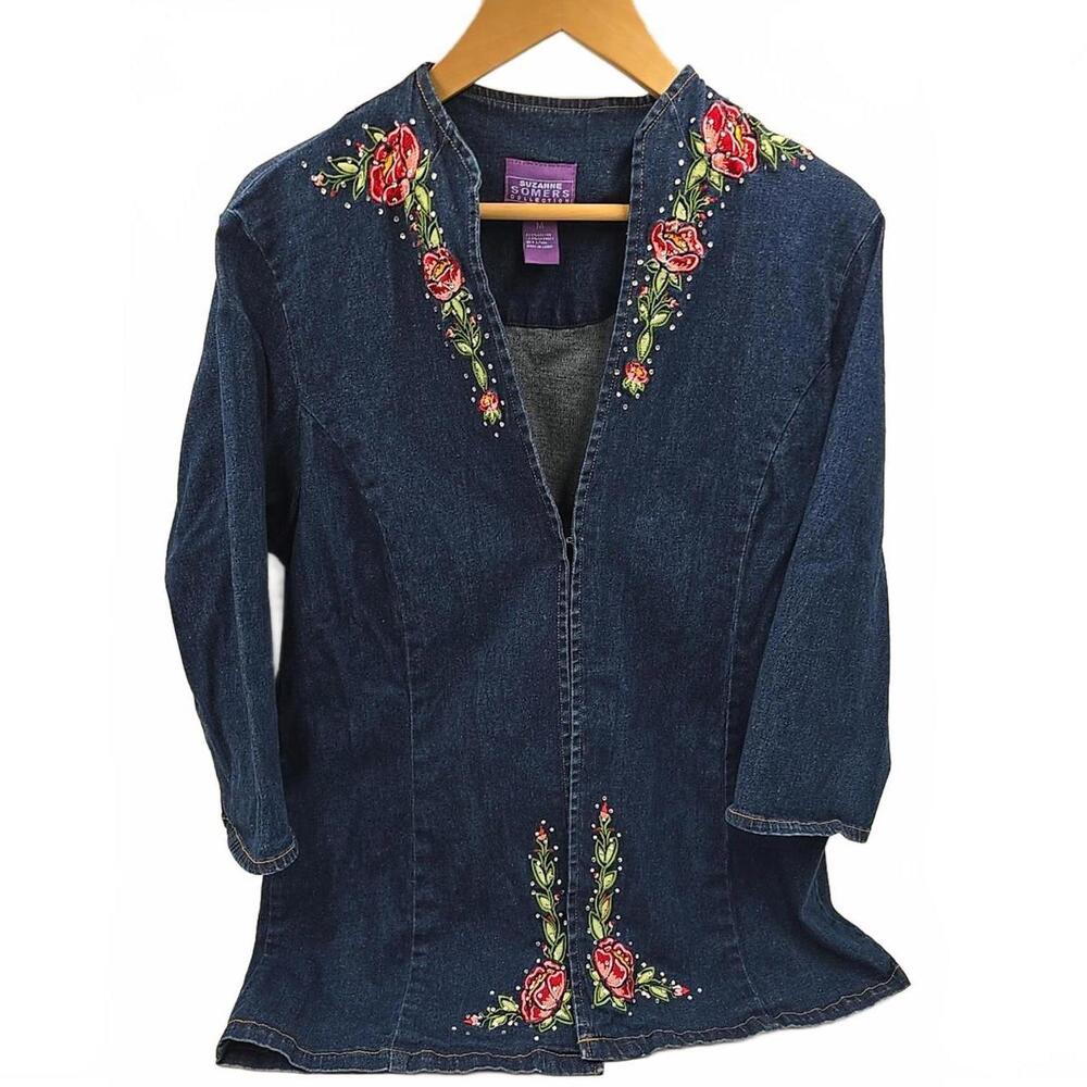 Suzanne Somers Collection Embroidered‎ Boho Floral Rhinestone Jean Jacket Size M
